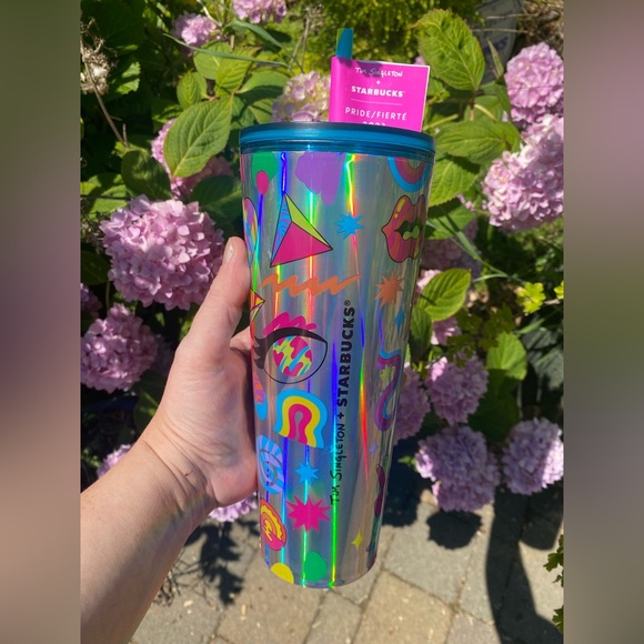 Starbucks + Tim Singleton NWT PRIDE Holographic Silver Emoji 24oz Tumbler - Picture 1 of 8